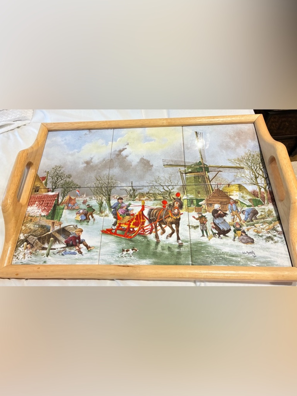 Vintage Dutch Winter Sleigh Horse Tile Art Tray - Red & Green